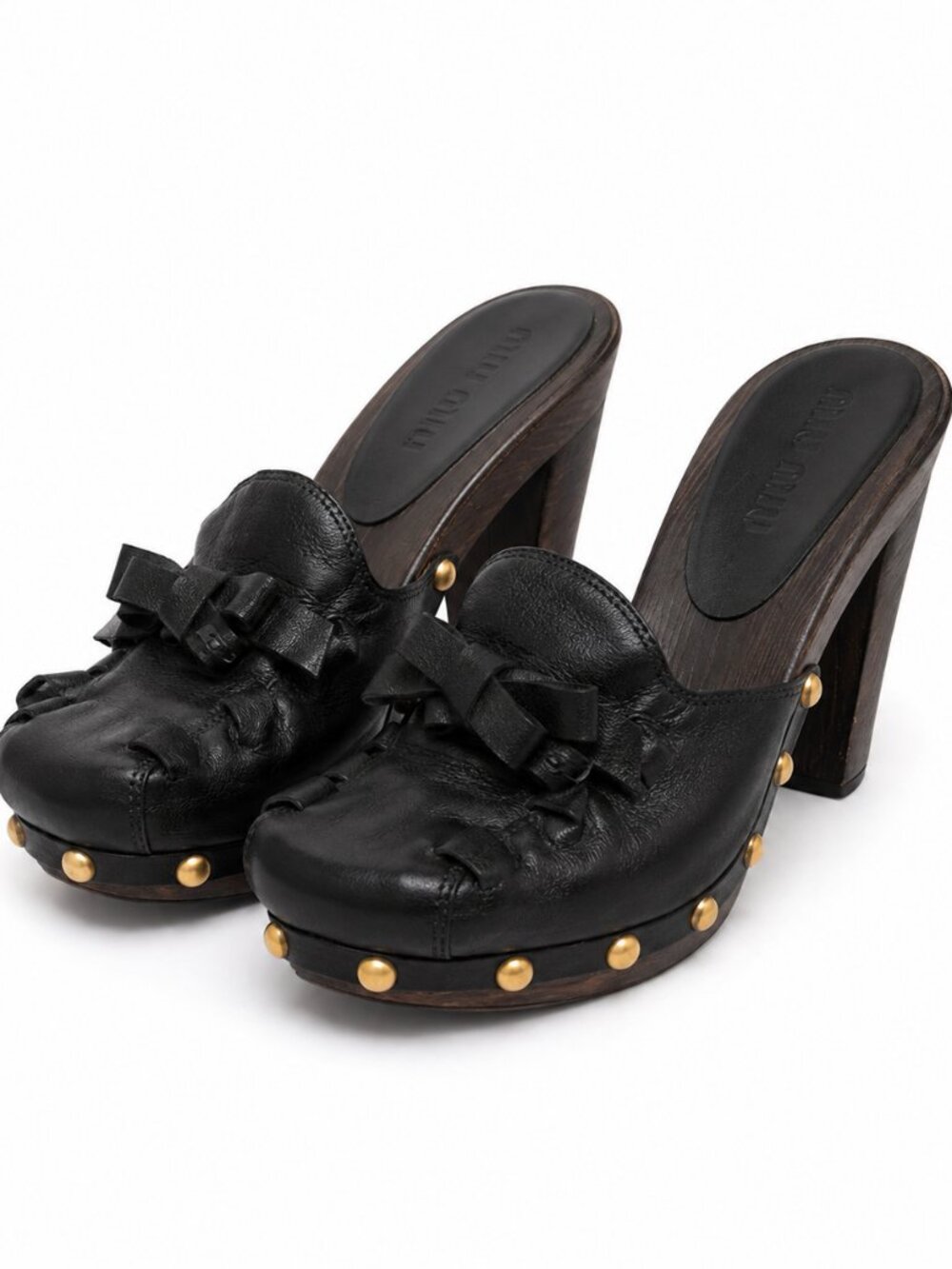 Miu Miu Black Leather Wooden Heel Mules Clogs Size EU 38 Made in Italy
